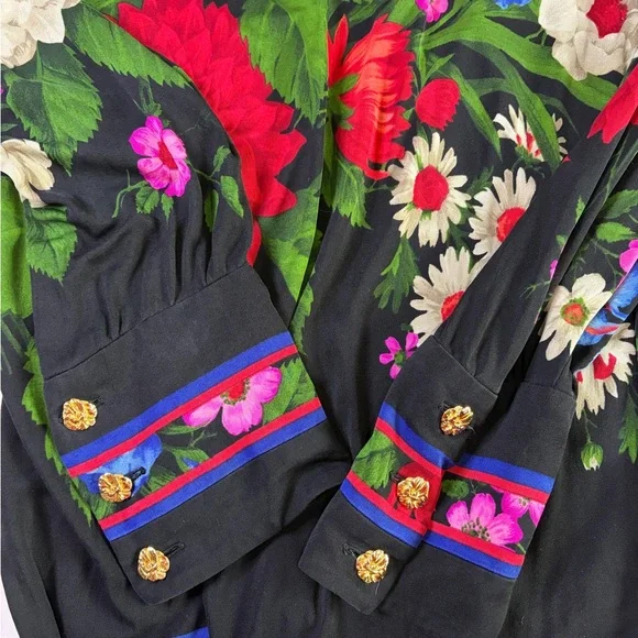 Vintage 80s 90s Leonard 100% silk jersey mikado Floral Women's Tunic Top sz L - Picture 5 of 12